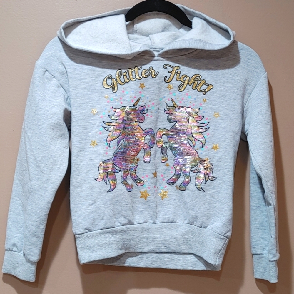 Girl's Beautees rainbow sequin unicorn "Glitter Fight" hoodie